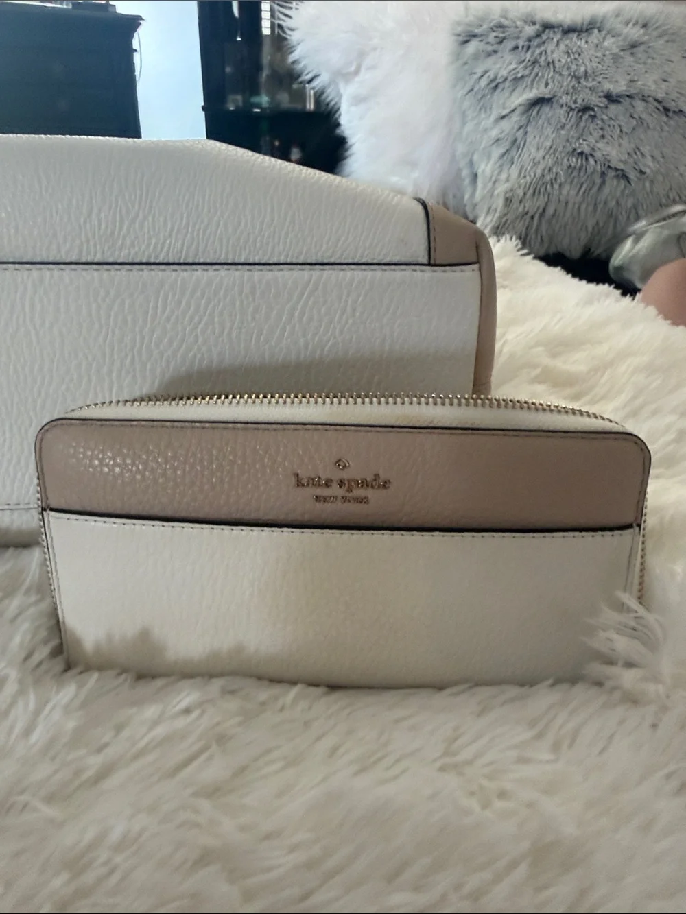 kate spade Pebbled Leather Zip Wallet in White and Blush